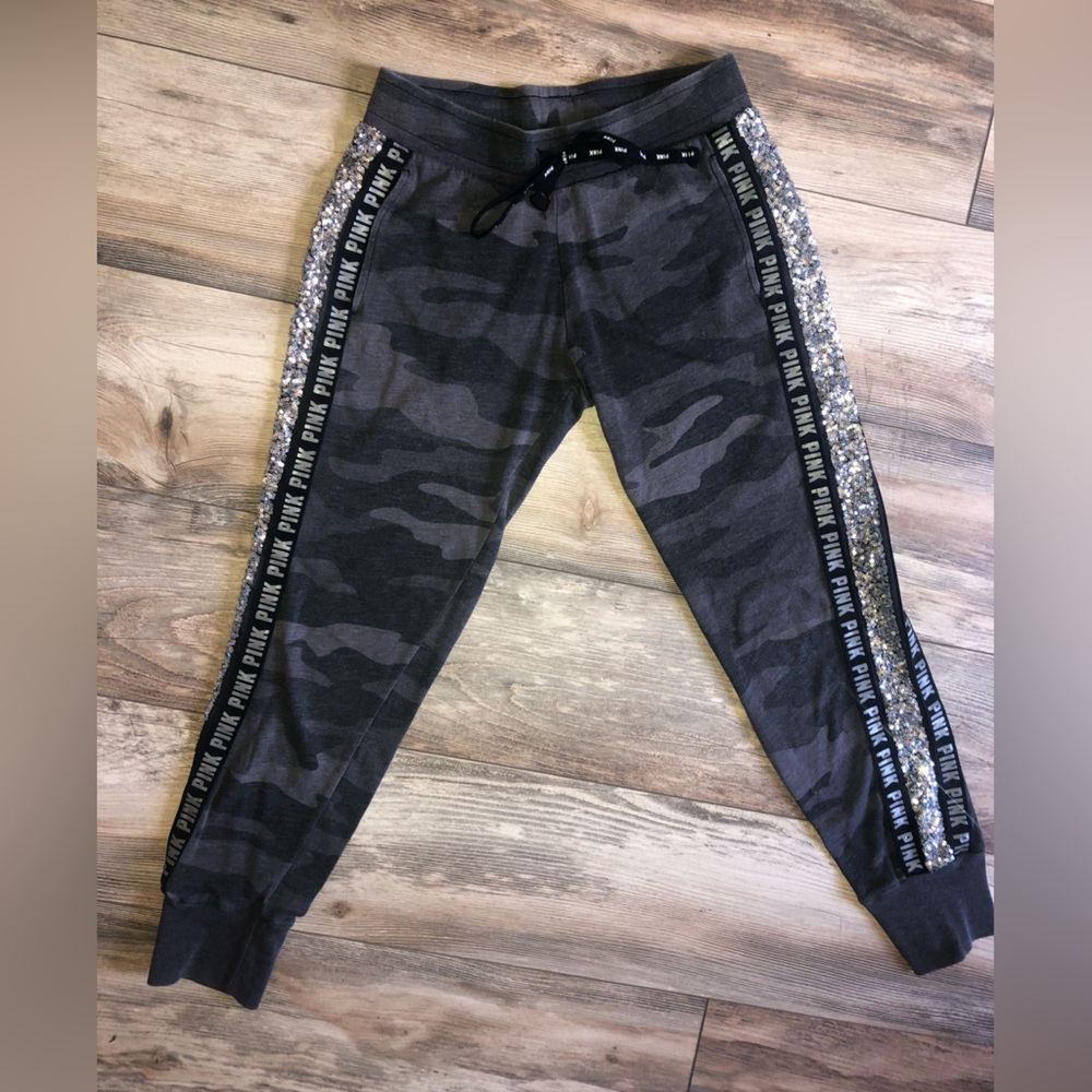 PINK 🖤🩶Victoria's Secret Blinged Black Camo Sequin-Trim Jogger Pants